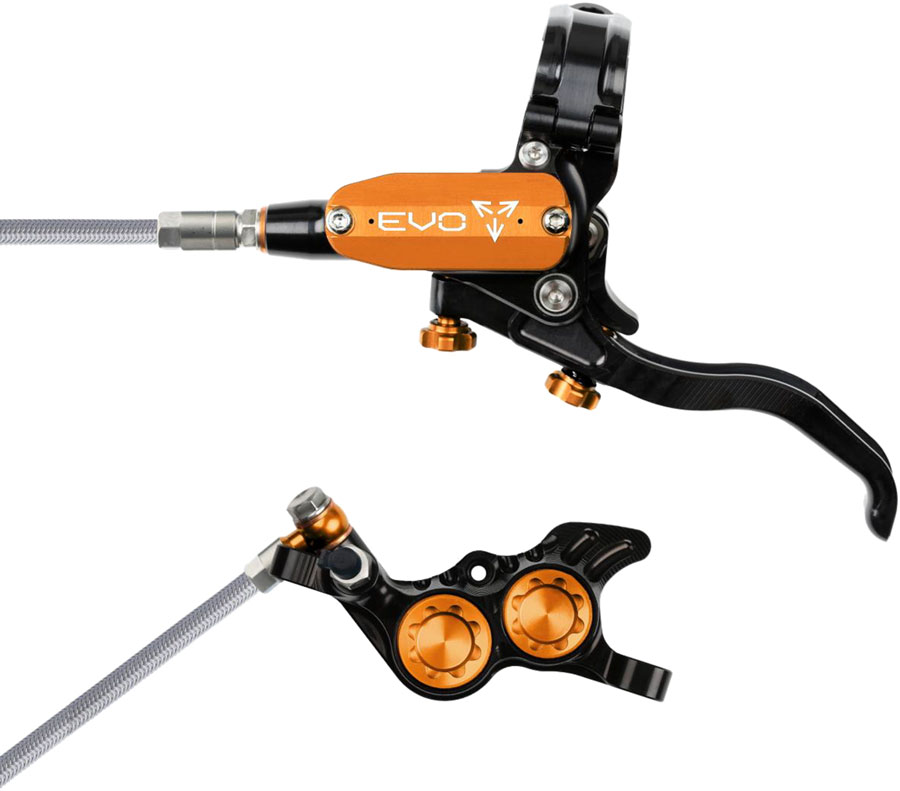 Hope EVO GR4 Disc Brake and Lever Set - Left Hand, Post Mount, 4-Piston, Braided Hydraulic Hose, Black/Orange