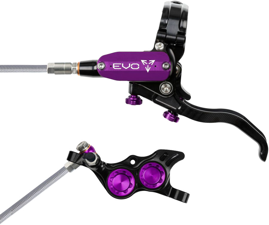 Hope EVO TR4 Disc Brake and Lever Set - Left Hand, Post Mount, 4-Piston, Braided Hydraulic Hose, Black/Purple