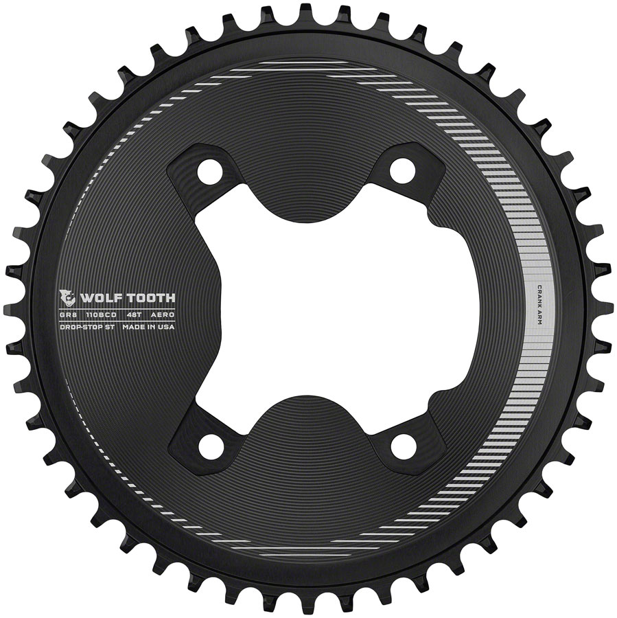 Wolf Tooth Aero 110 Asymmetric BCD Chainring - 48t, 110 Asymmetric BCD, 4-Bolt, Drop-Stop ST, For Shimano GRX 800 Series, Black