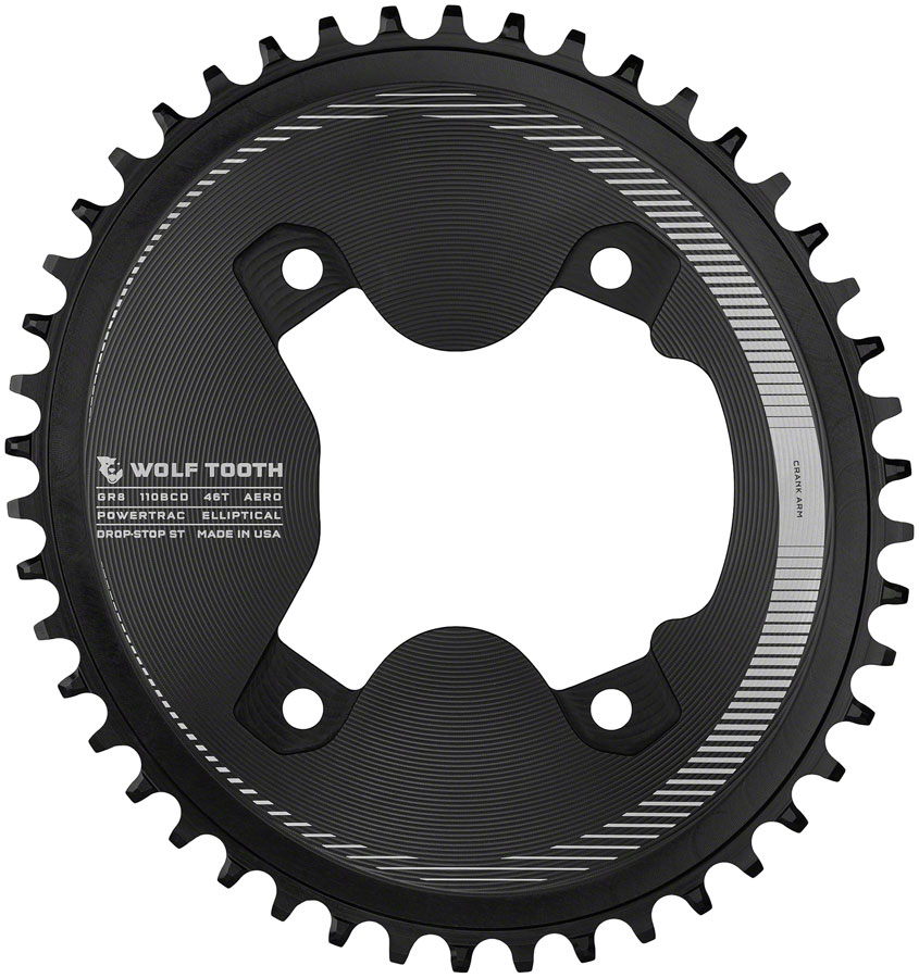 Wolf Tooth Elliptical Aero 110 Asymmetric BCD Chainring - 46t, 110 Asymmetric BCD, 4-Bolt, Drop-Stop ST, For Shimano GRX 800 Series, Black