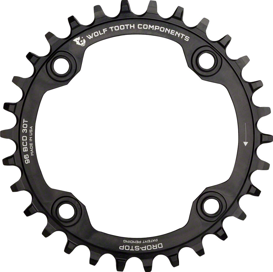 Wolf Tooth 96 Symmetrical BCD Chainring - 34t, 96 BCD, 4-Bolt, Drop-Stop A, For Shimano Cranks, Black