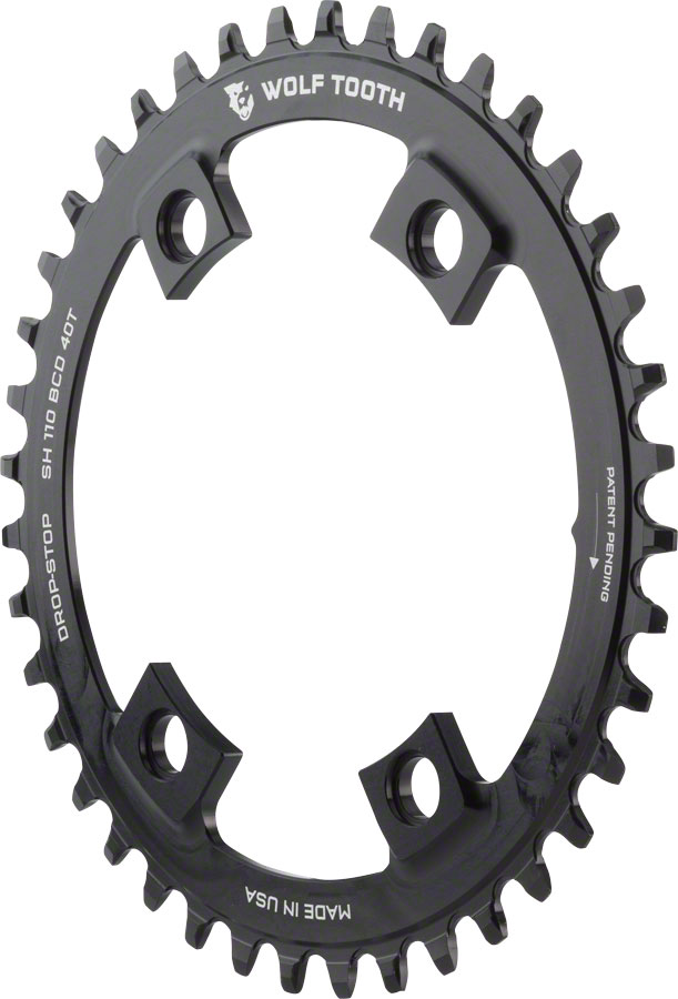 Wolf Tooth Shimano 110 Asymmetric BCD Chainring - 38t, 110 Asymmetric BCD, 4-Bolt, Drop-Stop B, For Shimano Cranks, Black