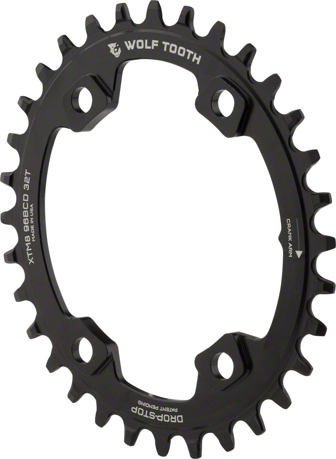 Wolf Tooth Elliptical 96 BCD Chainring - 32t, 96 Asymmetric BCD, 4-Bolt, Drop-Stop A, For Shimano XT M8000 and SLX M7000 Cranks, Black