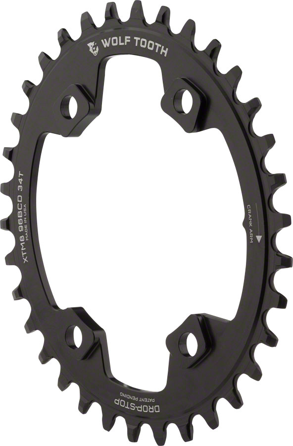 Wolf Tooth Elliptical 96 BCD Chainring - 34t, 96 Asymmetric BCD, 4-Bolt, Drop-Stop A, For Shimano XT M8000 and SLX M7000 Cranks, Black