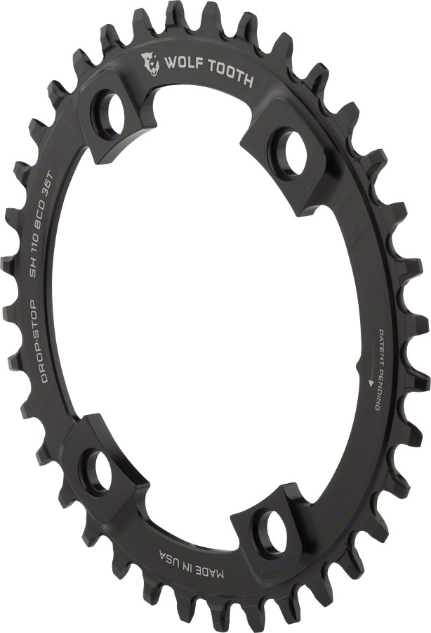 Wolf Tooth Shimano 110 Asymmetric BCD Chainring - 36t, 110 Asymmetric BCD, 4-Bolt, Drop-Stop A, For Shimano Cranks, Black