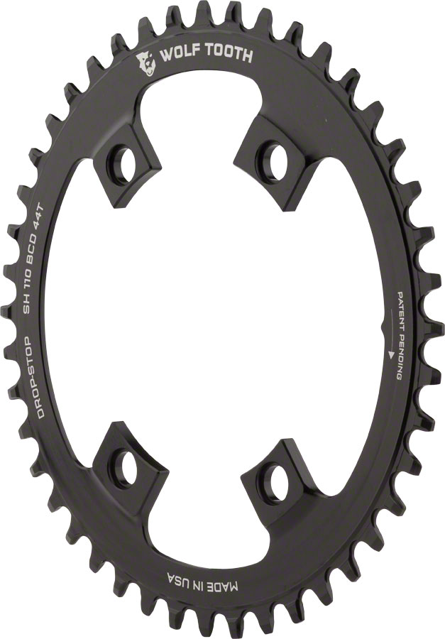 Wolf Tooth Shimano 110 Asymmetric BCD Chainring - 44t, 110 Asymmetric BCD, 4-Bolt, Drop-Stop A, For Shimano Cranks, Black