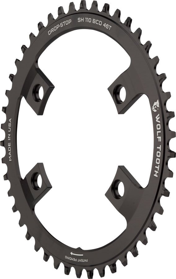 Wolf Tooth Shimano 110 Asymmetric BCD Chainring - 46t, 110 Asymmetric BCD, 4-Bolt, Drop-Stop A, For Shimano Cranks, Black