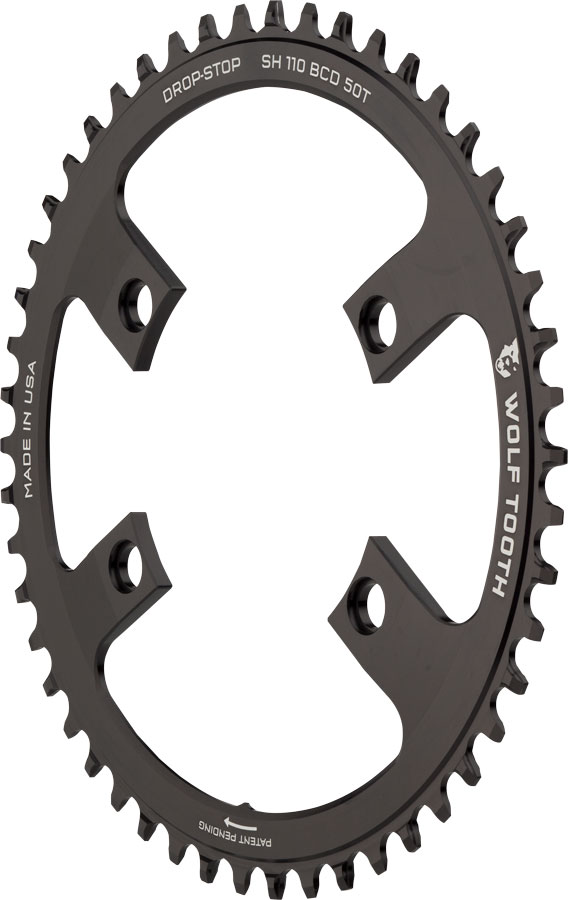 Wolf Tooth Shimano 110 Asymmetric BCD Chainring - 50t, 110 Asymmetric BCD, 4-Bolt, Drop-Stop B, For Shimano Cranks, Black