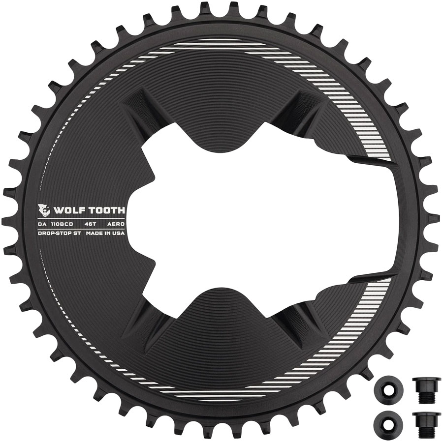 Wolf Tooth Aero Direct Mount 1x Chainring - 46t, 4-Bolt, Drop-Stop ST, Compatible with Shimano Dura-Ace R9200/R9200-P Only, Black