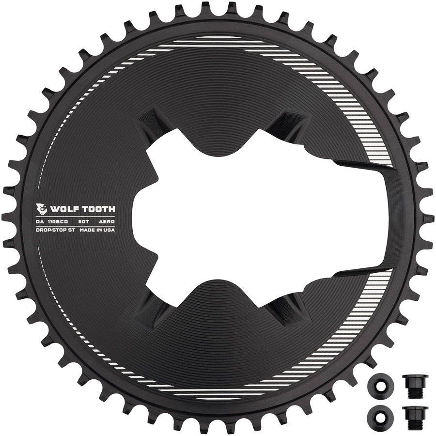 Wolf Tooth Aero Direct Mount 1x Chainring - 50t, 4-Bolt, Drop-Stop ST, Compatible with Shimano Dura-Ace R9200/R9200-P Only, Black