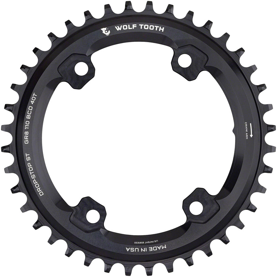 Wolf Tooth Shimano 110 Asymmetric BCD Chainring - 40t, 110 Asymmetric BCD, 4-Bolt, Drop-Stop ST, For Shimano GRX Cranks, Black