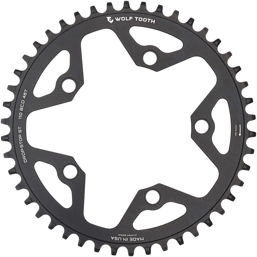 Wolf Tooth 110 BCD Gravel, CX and Road Chainring - 46t, 110 BCD, 5-Bolt, Drop-Stop ST, For Shimano HG+ and KMC 12-Speed Chains, Black
