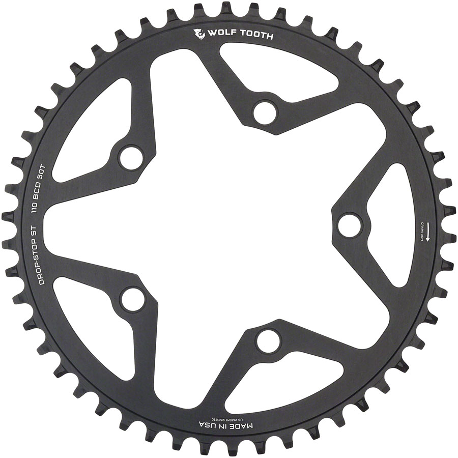 Wolf Tooth 110 BCD Gravel, CX and Road Chainring - 50t, 110 BCD, 5-Bolt, Drop-Stop ST, For Shimano HG+ and KMC 12-Speed Chains, Black
