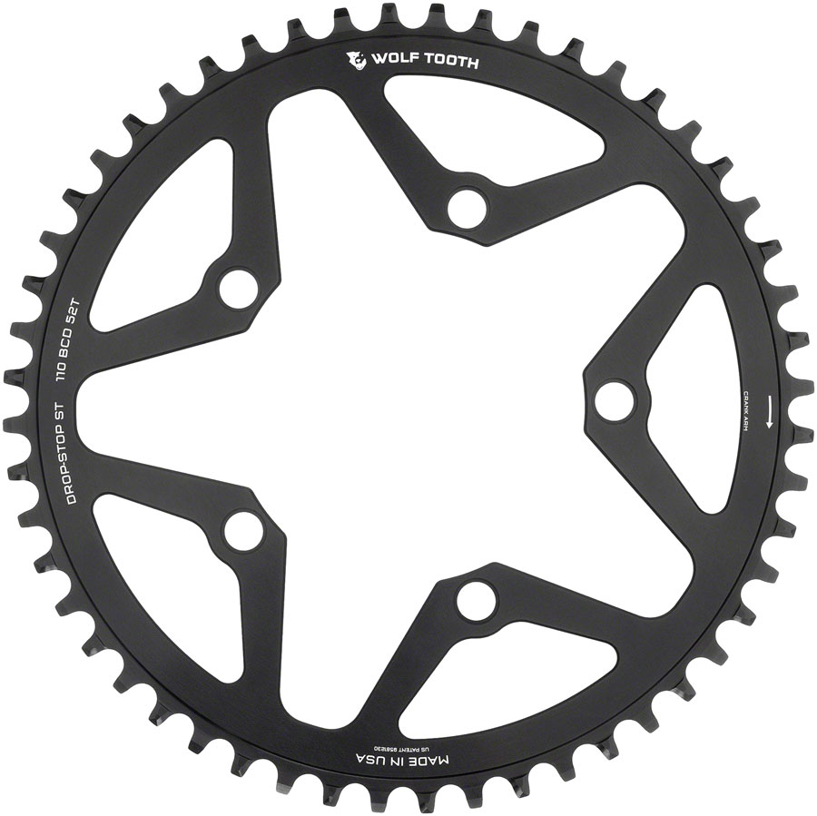 Wolf Tooth 110 BCD Gravel, CX and Road Chainring - 52t, 110 BCD, 5-Bolt, Drop-Stop ST, For Shimano HG+ and KMC 12-Speed Chains, Black