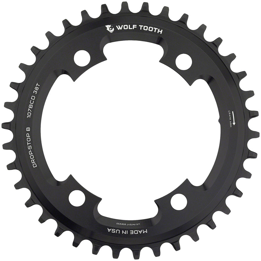 Wolf Tooth 107 BCD Chainring - 38t, Compatible with SRAM 107 BCD, Drop-Stop B, 4-Bolt, Black