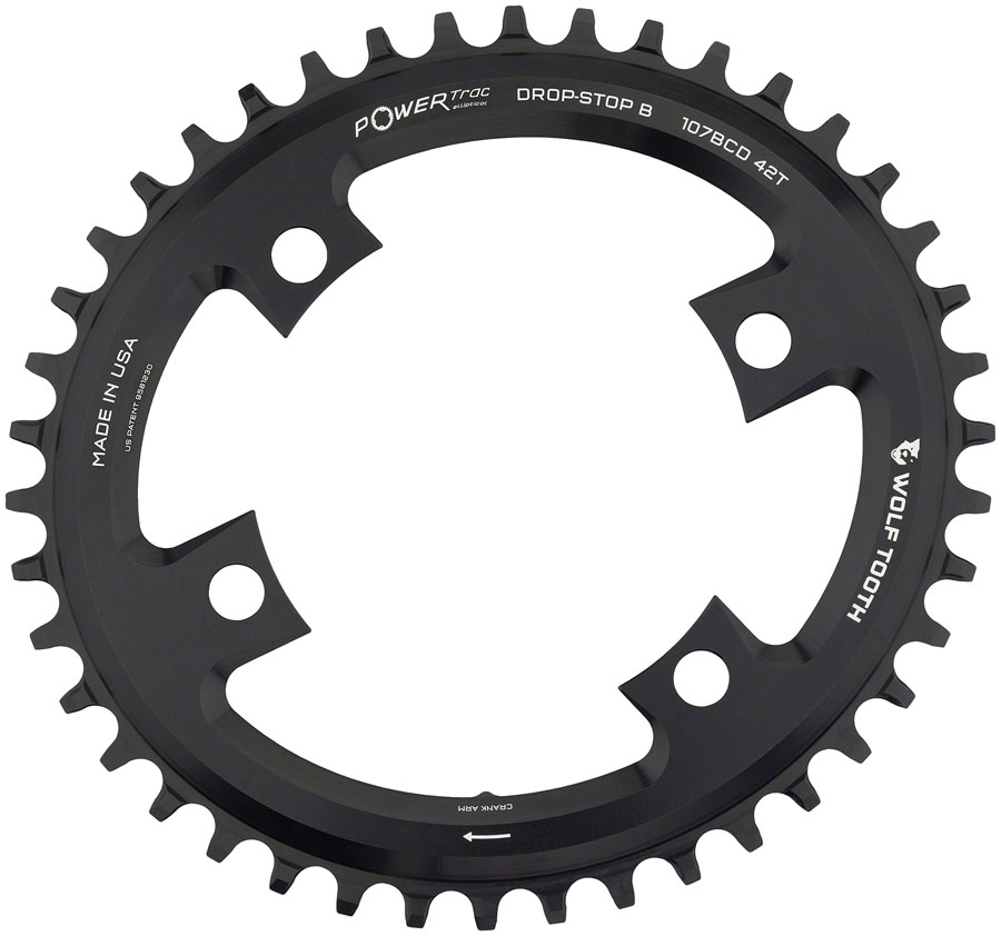 Wolf Tooth Elliptical 107 BCD Chainring - 42t, Compatible with SRAM 107 BCD, Drop-Stop B, 4-Bolt, Black