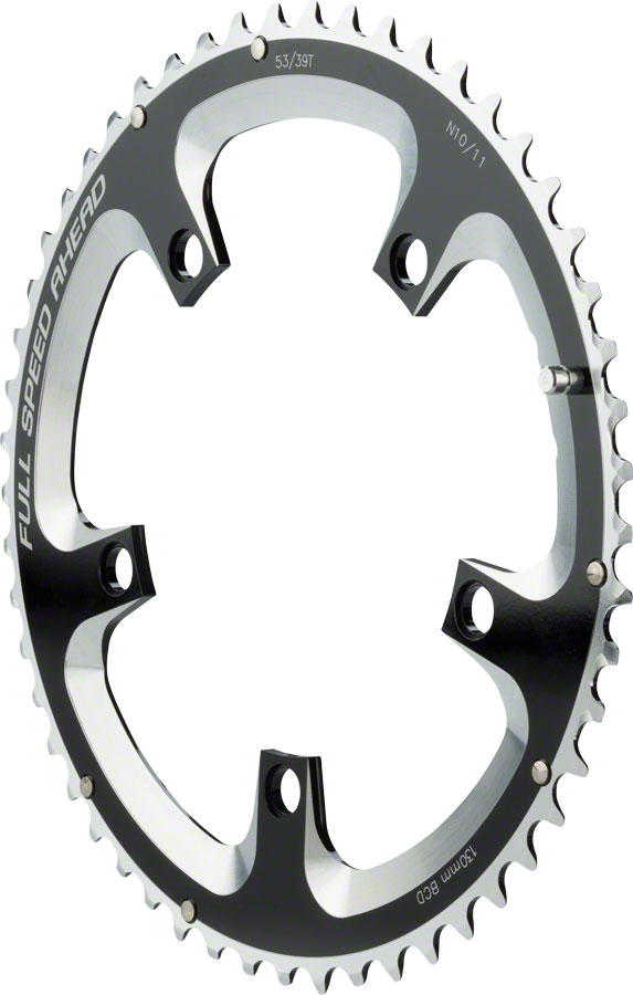 Full Speed Ahead Super Road Chainring - 53t, 130 BCD, 5-Bolt, Aluminum, N10/N11, Black/Silver