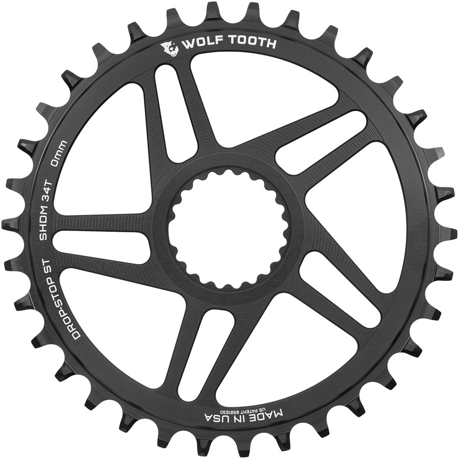 Wolf Tooth Direct Mount Chainring - 34t, Shimano Direct Mount, 0mm Offset, Drop-Stop ST, Requires 12-Speed HG+ Chain, Black