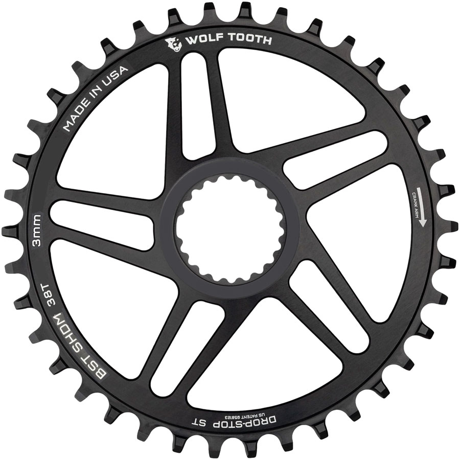 Wolf Tooth Direct Mount Chainring - 38t, Shimano DM, For Boost Cranks, 3mm Offset, Drop-Stop ST, Requires 12-Speed HG+ Chain, Black
