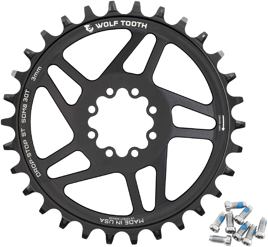 Wolf Tooth Direct Mount Chainring - 30t, SRAM 8-Bolt Direct Mount, 3mm Offset, Drop-Stop ST, Requires 12-Speed HG+ Chain, Black