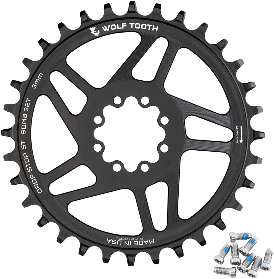 Wolf Tooth Direct Mount Chainring - 32t, SRAM 8-Bolt Direct Mount, 3mm Offset, Drop-Stop ST, Requires 12-Speed HG+ Chain, Black