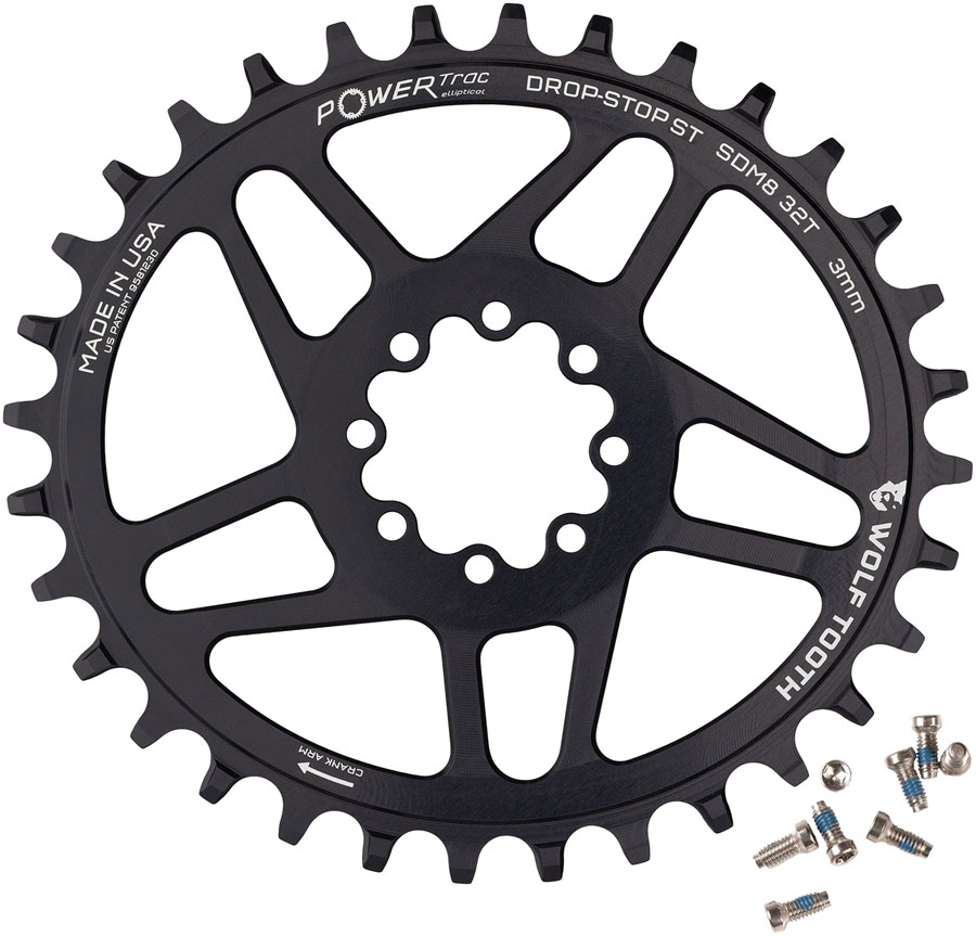 Wolf Tooth Elliptical Direct Mount Chainring - 32t, SRAM 8-Bolt DM, 3mm Offset, Drop-Stop ST, Requires HG+ Chain, Black