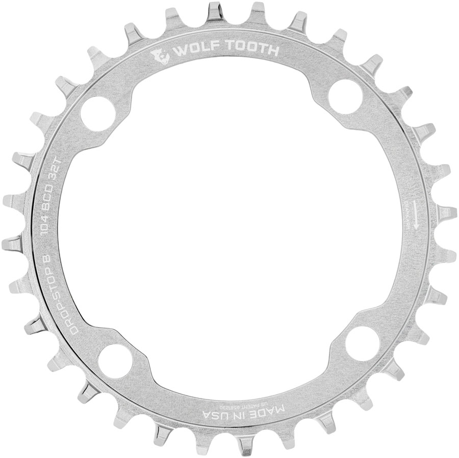 Wolf Tooth 104 BCD Chainring - 32t, 104 BCD, 4-Bolt, Drop-Stop B, Raw Silver