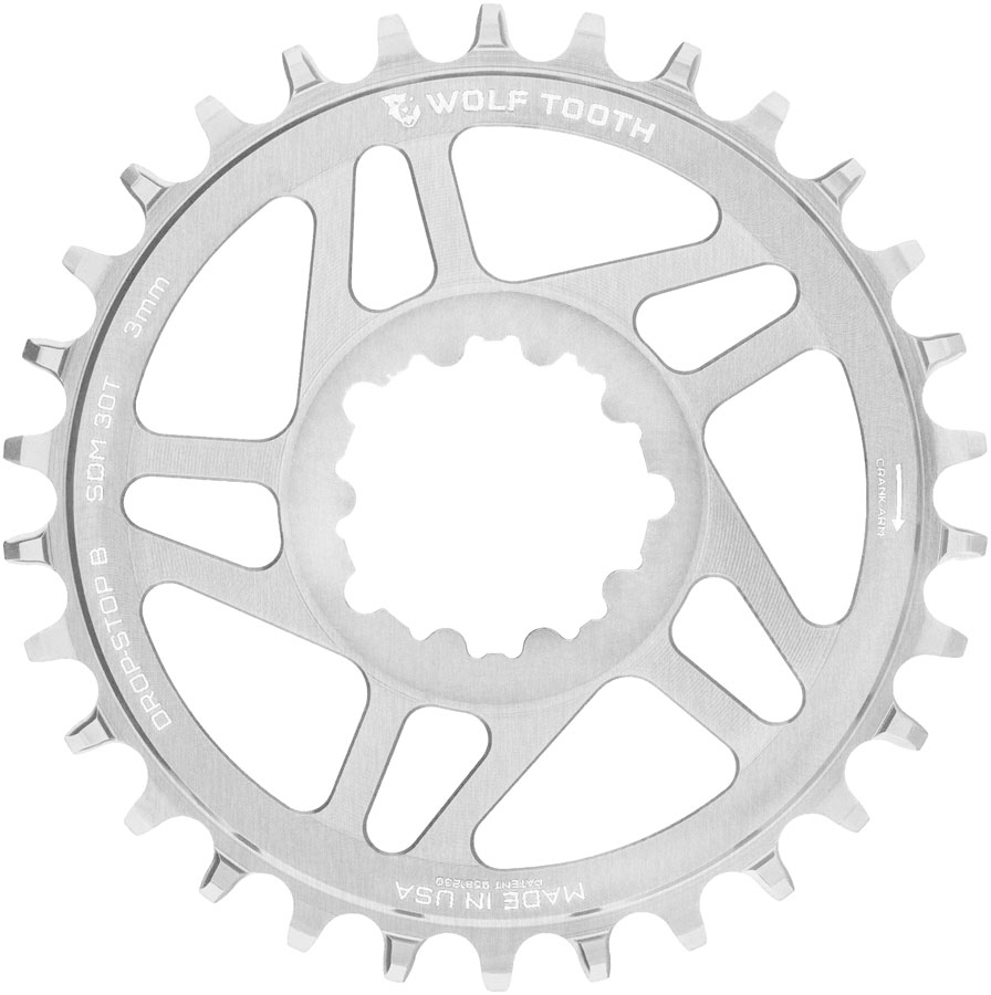 Wolf Tooth Direct Mount Chainring - 30t, SRAM Direct Mount, Drop-Stop B, For SRAM 3-Bolt Boost Cranks, 3mm Offset, Raw Silver