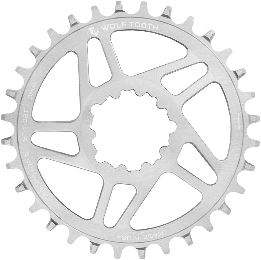 Wolf Tooth Direct Mount Chainring - 32t, SRAM Direct Mount, Drop-Stop B, For SRAM 3-Bolt Boost Cranks, 3mm Offset, Raw Silver