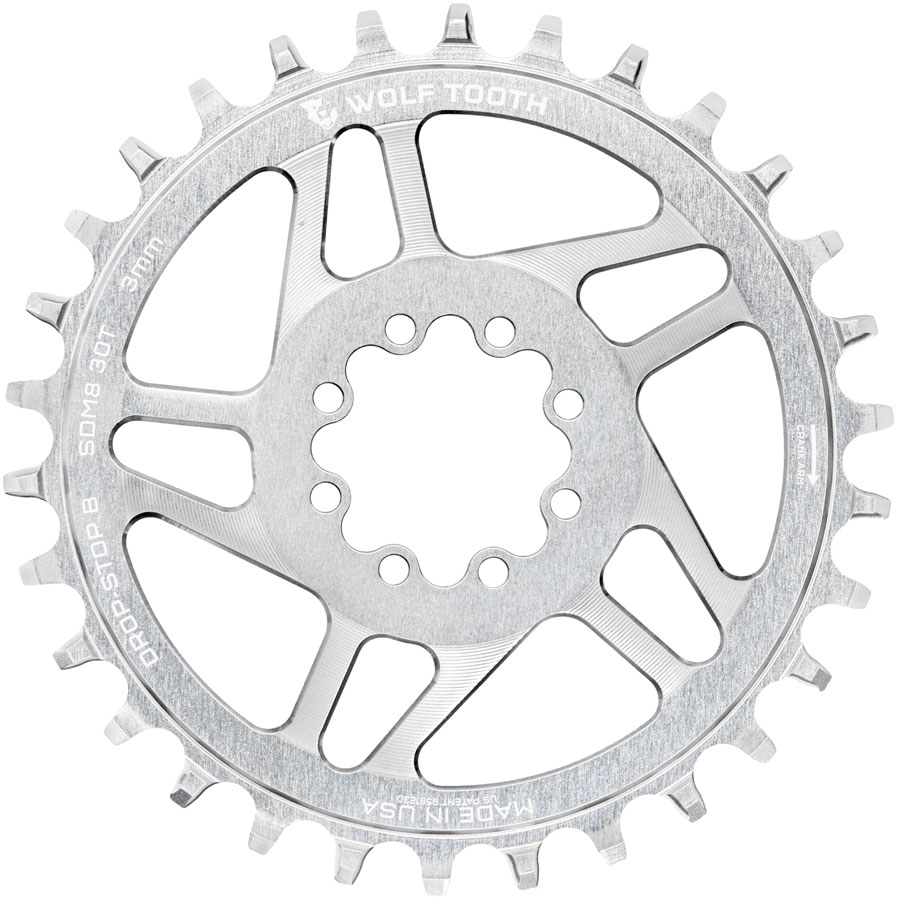 Wolf Tooth Direct Mount Chainring - 30t, SRAM Direct Mount, Drop-Stop B, For SRAM 8-Bolt Cranksets, 3mm Offset, Raw Silver