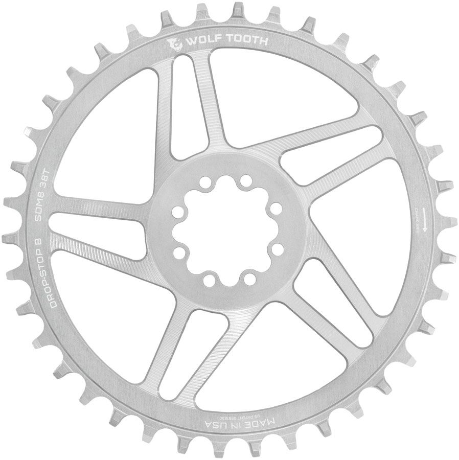 Wolf Tooth Direct Mount Chainring - 38t, SRAM Direct Mount, Drop-Stop B, For SRAM 8-Bolt Cranksets, 6mm Offset, Raw Silver