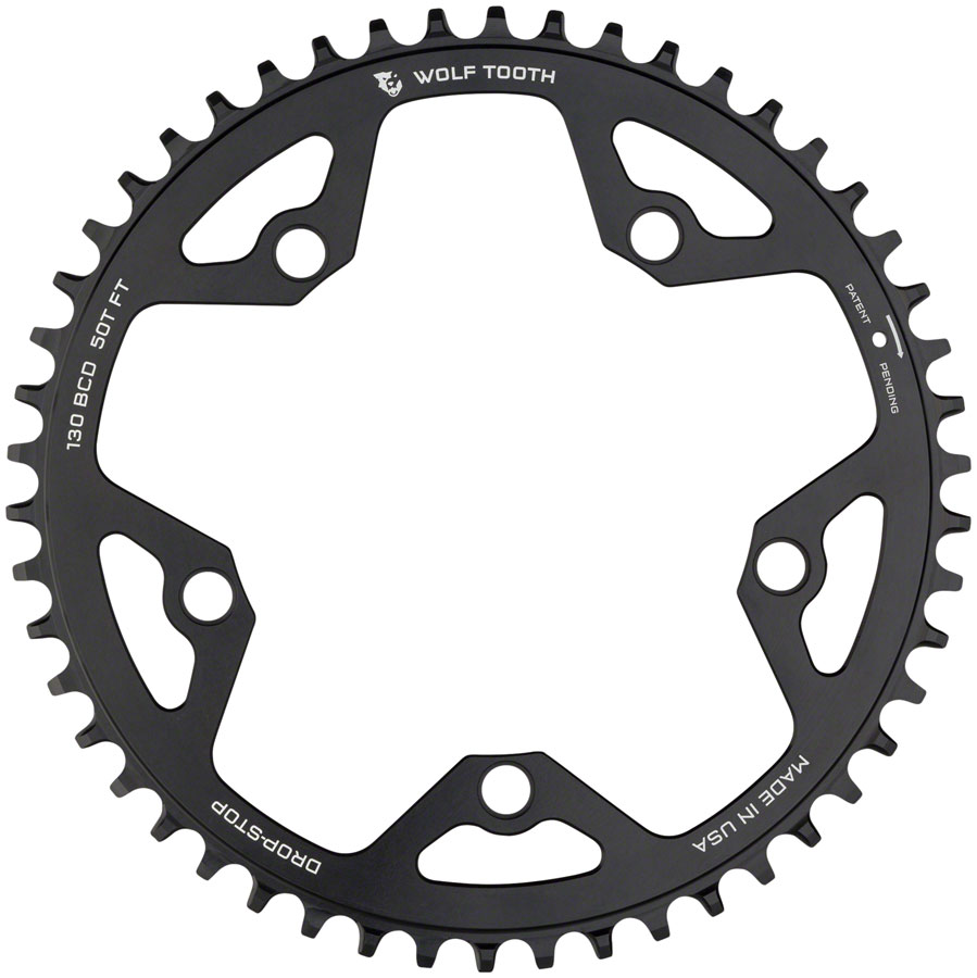 Wolf Tooth 130 BCD Road and Cyclocross Chainring - 46t, 130 BCD, 5-Bolt, Drop-Stop B, 10/11/12-Speed Eagle and Flattop Compatible, Black