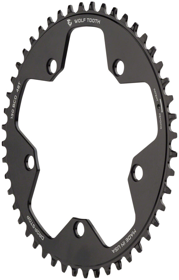 Wolf Tooth 130 BCD Road and Cyclocross Chainring - 48t, 130 BCD, 5-Bolt, Drop-Stop B, 10/11/12-Speed Eagle and Flattop Compatible, Black