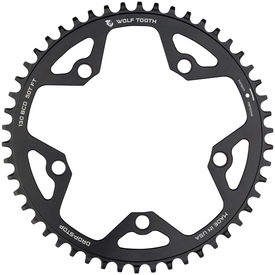 Wolf Tooth 130 BCD Road and Cyclocross Chainring - 50t, 130 BCD, 5-Bolt, Drop-Stop B, 10/11/12-Speed Eagle and Flattop Compatible, Black