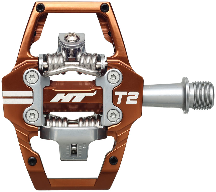 HT Components T2 Pedals - Dual Sided Clipless with Platform, Aluminum, 9/16", Root Beer