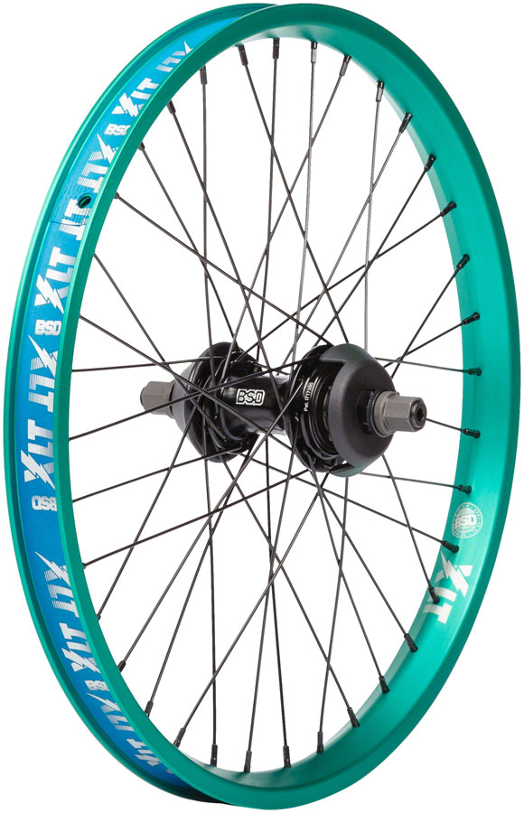 BSD XLT Revolution Rear Wheel - 20", 14 x 110mm, Rim Brake, Freecoaster, LHD, Black/Teal, 36H